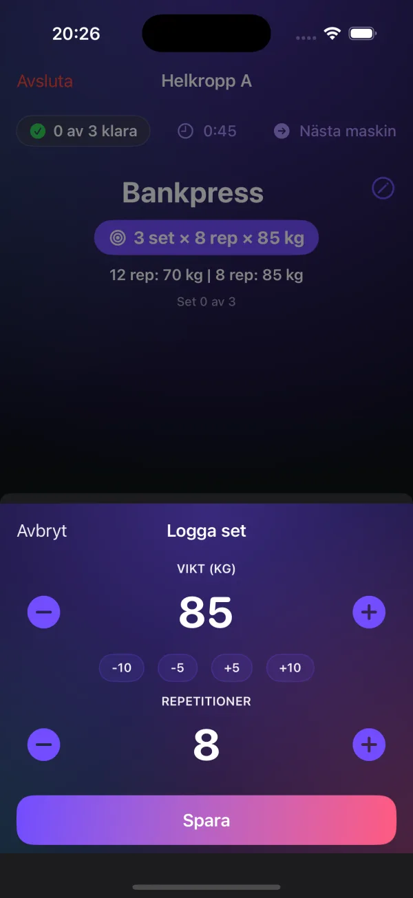 GymPartner log set